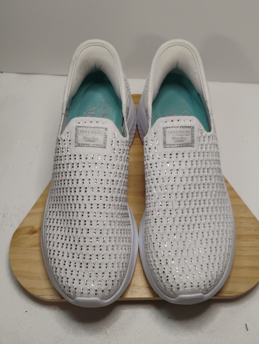 Skechers White Slip-On Rhinestone Knit Sneakers